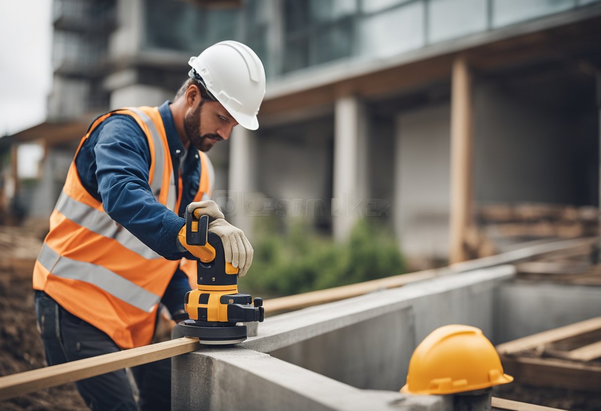 A construction worker using a level to check the alignment of a concrete foundation